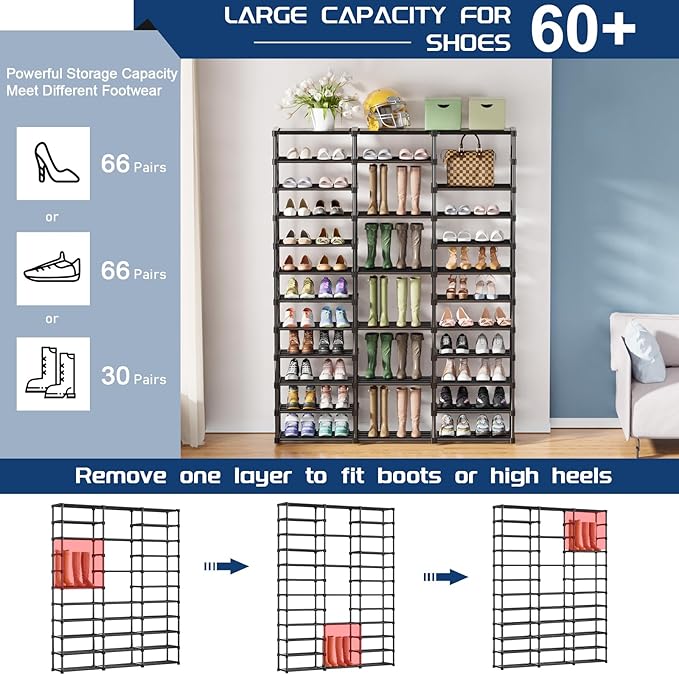 Mavivegue 3 Row 12 Tiers Shoe Rack, Large Storage Space, Metal Shoe Rack Organizer for Entryway, Closet, Bedroom, Garage,Black