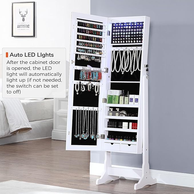 GISSAR Jewelry Organizer Full Length Mirror Jewelry Cabinet Standing/Wall/Hanging Door Jewelry Armoire Storage with Lights, Lockable, White