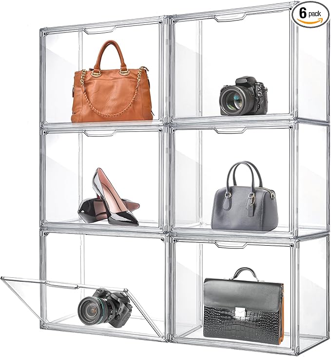 Geetery 6 Pack Purse Organizer for Closet Clear Large Acrylic Display Case Handbag Purse Storage Box with Magnetic Door Plastic Stackable Storage Bin for Collectibles Book Figure Backpack