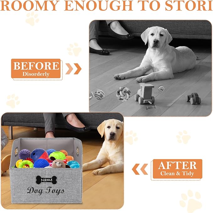 Geyecete Big Dog Toys Storage Bins Canvas Foldable Fabric Trapezoid with metal handles pet Baskets,Can be Personalized,Storage Bin Large toy box Organizer-Snow Gray