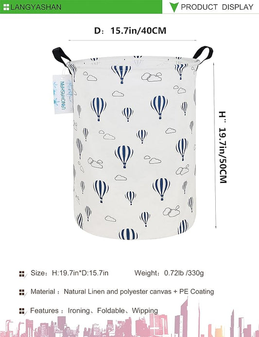 LANGYASHAN Laundry Basket Canvas Fabric Collapsible Organizer Basket for Storage Bin Toy Bins Gift Baskets Bedroom Clothes Children Nursery Hamper (Round Blue Balloon)