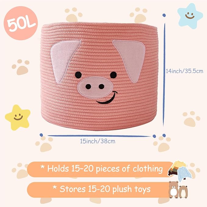 OMERAI Animal Baskets Cotton Rope Woven Storage Basket for Toys Blankets Laundry Nursery, Large Foldable Organizer with Cute Pig Design and Handles, 15"D x 12.6"H (Pink)