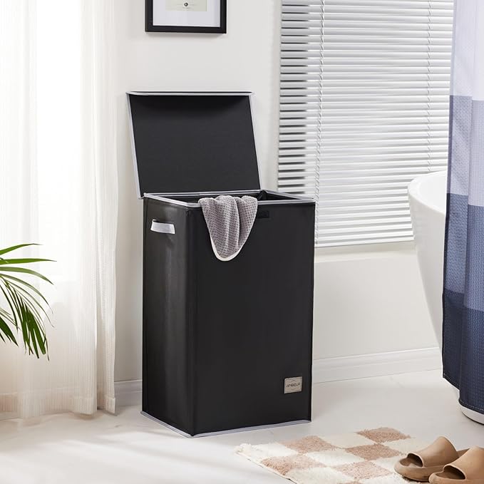 Laundry Hamper with Lid, 90L Collapsible Clothes Basket, Strong Struture, Dirty clothes Hamper, Removable Laundry Bag with String Closure, for Bedroom, Bathroom, Dorm, College, Toys, Black