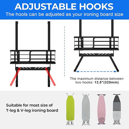 TJ.MOREE Over the Door/Wall Mount Ironing Board Hanger, Laundry Room Iron and Ironing Board Caddy Storage for Water Mister, Fabric Sprays, Laundry Detergent