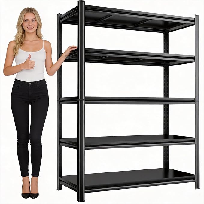 Metal Garage Shelving Unit 5-Tier Adjustable Heavy Duty Storage Shelves, 3000 lbs Capacity Steel Garage Storage Rack Organizer for Garage Basement Warehouse, Black 39.4" W x 15.7" D x 77.4" H