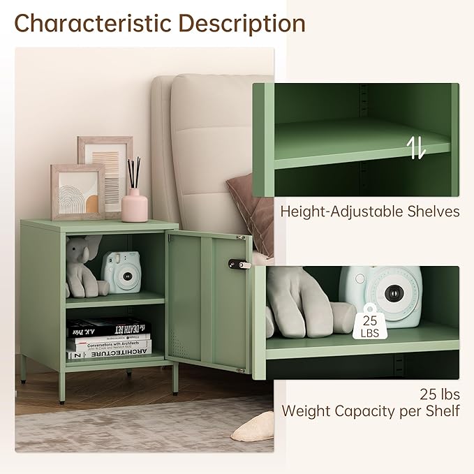 Locker Nightstand Metal End Table Single Door Bedside Cabinet Lockable Storage Cabinet for Living Room, Bedroom, Dorm,Home, Office 21.26”H X 15.75”W X 15.75”D (1 Door, Green)