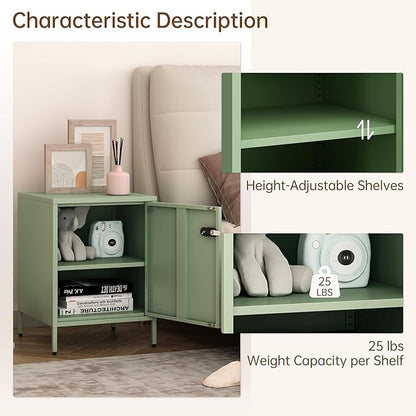 Locker Nightstand Metal End Table Single Door Bedside Cabinet Lockable Storage Cabinet for Living Room, Bedroom, Dorm,Home, Office 21.26”H X 15.75”W X 15.75”D (1 Door, Green)