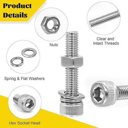 172pcs M6 Screws Assortment kit, M6x8/10/12/16/20/25/30/35 mm Hex Socket Head Bolts Assorted Kit, 304 Stainless Steel Screw Set with Nuts, Flat & Lock Washers