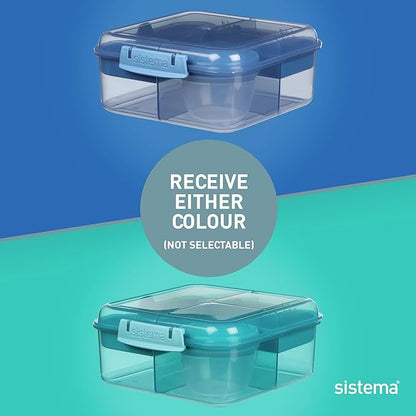 Sistema Ocean Bound Plastic Bento Box | Lunch Box with Yoghurt/Fruit Pot | 1.25 L Square | BPA-Free Made Using Recycled Plastic | Assorted Colours (Varies by Pack)