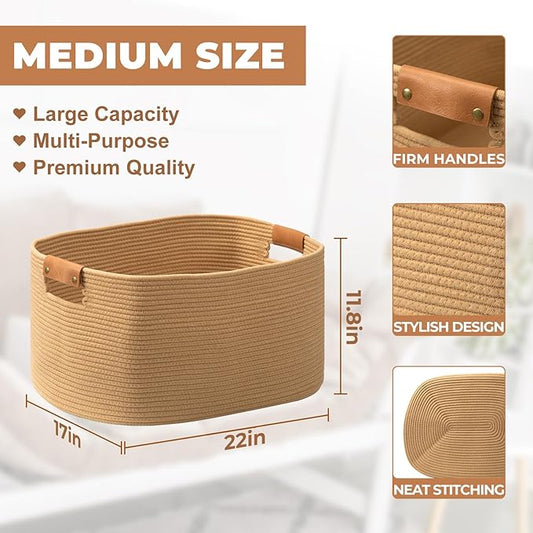 danpinera Large Blanket Basket for Living Room, 72 L Woven Cotton Rope Baskets for Kids Toy, Pillows, Towels, Cotton Organizing with leather handle, Storage Bin for Nursery, 22’’*17’’*11.8’’ Jute