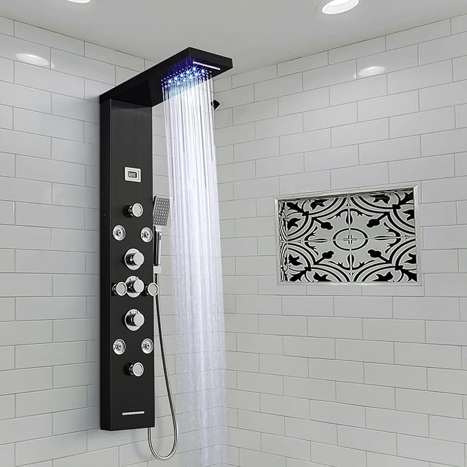 POPFLY 6 In 1 LED Shower Panel Tower System, 8 Body Massage Jets, 304 Stainless Steel Wall Mount Rainfall ＆ Waterfall Shower Column Towers with Temperature Display, Tub Spout, Black