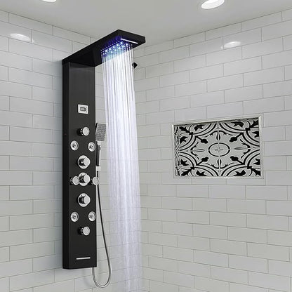POPFLY 6 In 1 LED Shower Panel Tower System, 8 Body Massage Jets, 304 Stainless Steel Wall Mount Rainfall ＆ Waterfall Shower Column Towers with Temperature Display, Tub Spout, Black