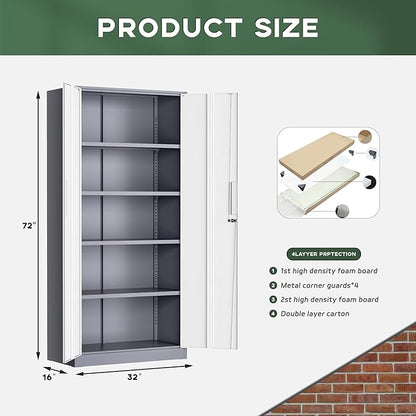 Greenvelly Metal Storage Cabinet, 72" Locking Metal Garage Storage Cabinet with Doors and 4 Adjustable Shelves, Lockable Steel Cabinet for Home Office, Garage, Shop, School (White Grey 32" W x 16" D)