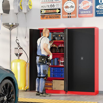 Metal Garage Storage Cabinets with Lock, 72" Tall Tool Cabinet with 2 Door and 4 Adjustable Shelves, Locking Garage Cabinets and Lockable Steel Locker for Home Office Warehouse-(Red Black-72”H)