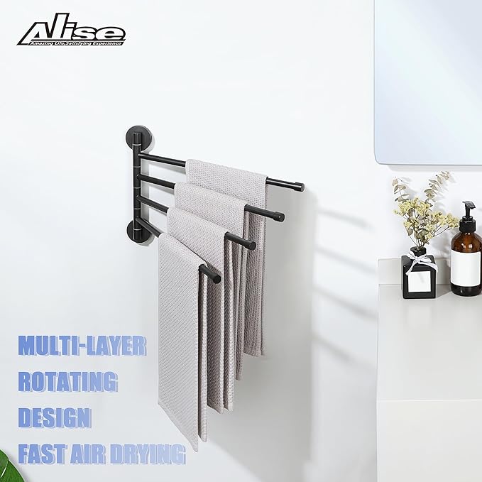 Alise Swivel Towel Rack,Folding 4 Arms Hand Towel Bars Towel Hanger for Bathroom,Wall Mount Drying Racks for Laundry,SUS304 Stainless Steel Swing Out Towel Holder Storage Space Saving,Matte Black