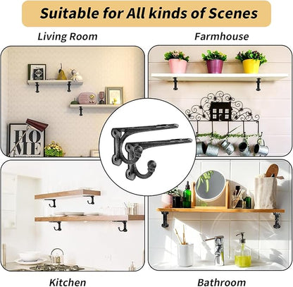 Shelf Brackets 4 Inch 2 Pack, Cast Iron Shelf Brackets for Wall Shelving, Rustic Shelving Brackets with Hooks Black, Heavy Duty Floating Brackets Wall Mounted