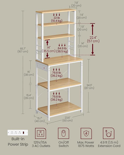 VASAGLE Bakers Rack with Power Outlet, 23.6 Inches Coffee Bar for Kitchen with Storage, 6-Tier Kitchen Shelves with 6 Hooks, Microwave Stand, Industrial, Golden Oak and Cloud White UKKS124Y03