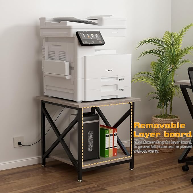 Large Printer Stand with Power Outlet, with Storage Shelf, 2 Tier Rolling Printer Cart with Industrial Wheels, 23.6 x 23.6 Inches Printer Table for Home Office,Greige