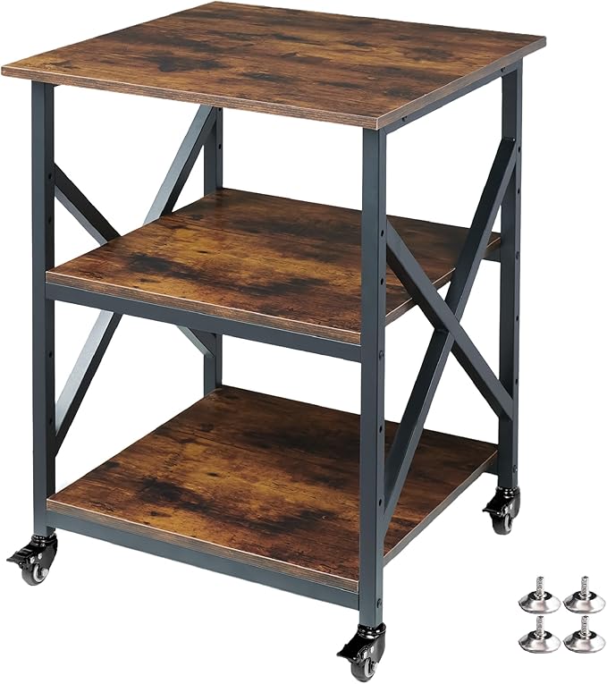 23.6 x 23.6 Inches Large Printer Stand, 3 Tier Square Printer Table with Height Adjustable Storage Shelf, Rolling Printer Cart with Industrial Wheels for Home Office - Rustic Brown