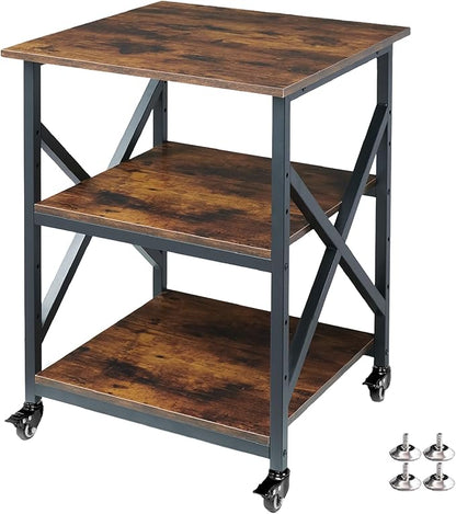 23.6 x 23.6 Inches Large Printer Stand, 3 Tier Square Printer Table with Height Adjustable Storage Shelf, Rolling Printer Cart with Industrial Wheels for Home Office - Rustic Brown