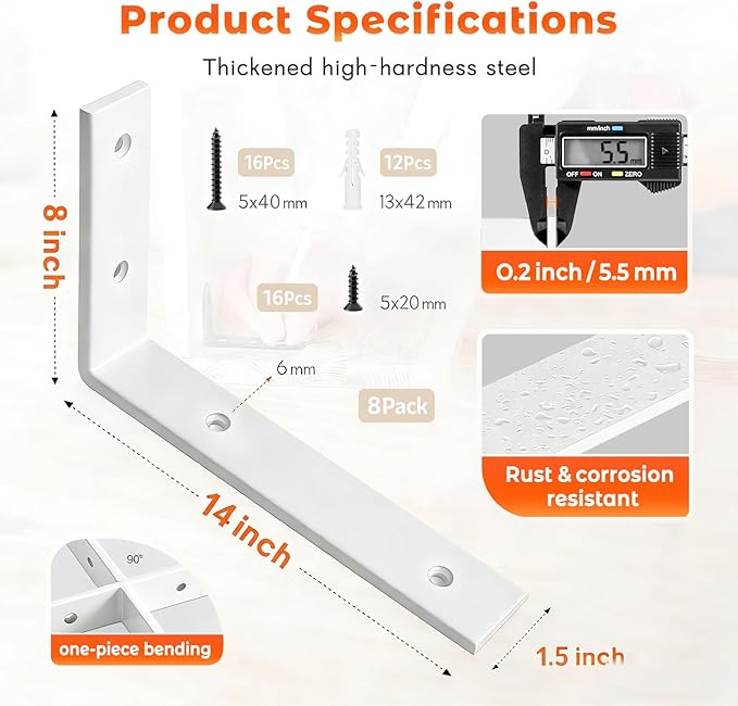 WINKER Shelf Bracket 8 Pack 14" Lx8 Hx1.5 W 5mm Thick Heavy Duty White 14 Inch Metal Iron L Brackets for Wall Shelves