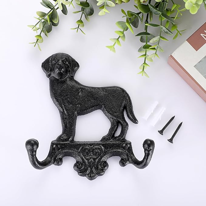 OwnMy Cast Iron Decorative Wall Coat Hook Cute Dog Hook, Vintage Dog Leashes Holder Key Holder for Walls, Heavy Duty Indoor Outdoor Double Wall Hooks for Hanging Towels, Hats, Potted Plants, Tools
