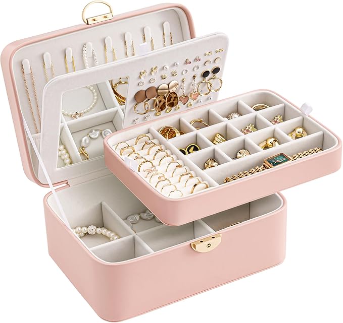 Lolalet 2 Layer Jewelry Box with Lock and Key for Teen Girls & Young Women, Jewelry Organizer Case with Round Clasp and Mirror for Earrings Rings Necklaces Storage, Gift Idea -Lightpink
