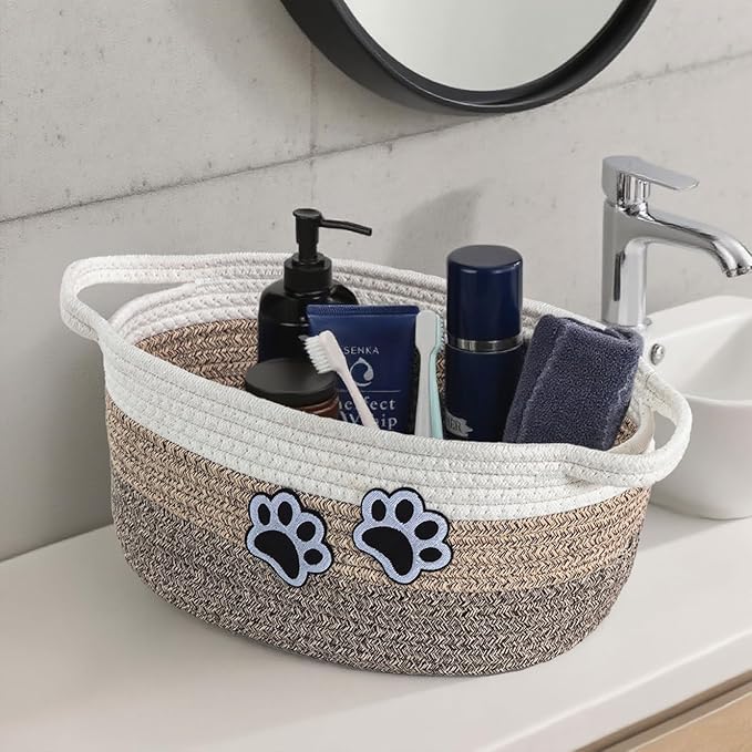 Small Woven Cotton Rope Nursery Organizer Bins, Dog Toy Basket Bins with Handle, Cute Empty Baby Gift Storage Baskets with Paw