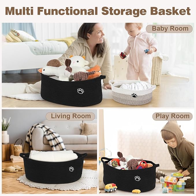Dog Toy Basket, Toy Box and Bin for Dog Cat Storage, 19.7" X 11" X 7.9" (30L) Large Woven Rope Basket for Blanket Storage, Living Room, Bedroom, Bedroom, Black