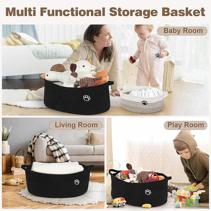 Dog Toy Basket, Toy Box and Bin for Dog Cat Storage, 19.7" X 11" X 7.9" (30L) Large Woven Rope Basket for Blanket Storage, Living Room, Bedroom, Bedroom, Black