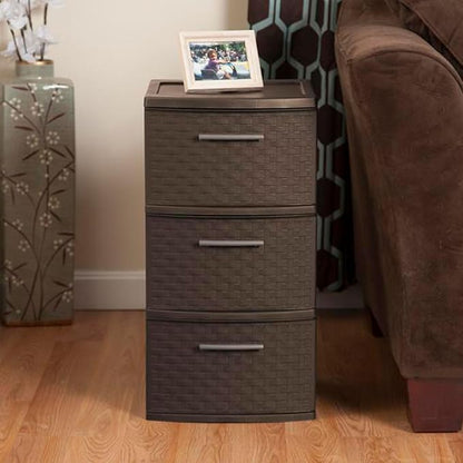 Sterilite 3 Drawer Plastic Wicker Weave Decorative Storage Organization Container Cabinet Tower with Driftwood Handles, Espresso (2 Pack)