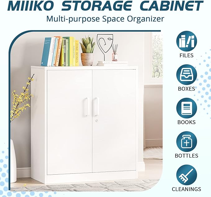MIIIKO Metal Storage Cabinet with Locking Doors, 2-Door Locker with 2 Shelves, White Metal Cabinet with Lock for Home Office, Garage, Utility Room, Kitchen and School
