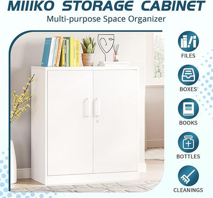 MIIIKO Metal Storage Cabinet with Locking Doors, 2-Door Locker with 2 Shelves, White Metal Cabinet with Lock for Home Office, Garage, Utility Room, Kitchen and School