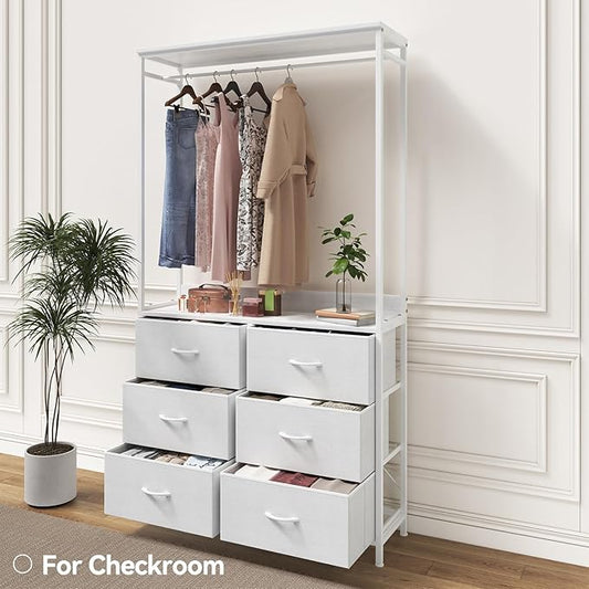 6 Dresser Drawer with Hanging Rack, 2-in-1Tall Dresser for Bedroom/Closet, Fabric Dressers & Chests of Drawers, Sturdy Alloy Steel Frame, Space Saving Closet Organizer