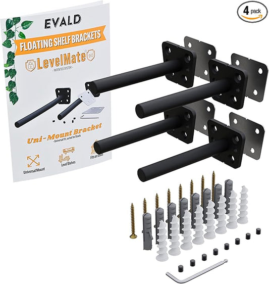 EVALD LevelMate™ 4-Inch Uni-Mount Floating Shelf Brackets | Hidden Black Carbon Steel Wall Supports for Wood Mantel, Kitchen Shelving, Bookshelves & Office Décor | Anti-Sag Pinol Screw System (4 Pack)