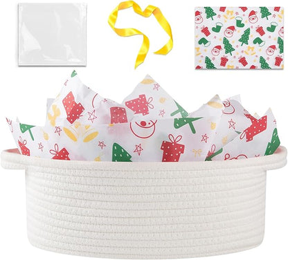 OIAHOMY Christmas Gift Basket with Handle, Small Woven Basket with Gift Bag, Ribbon and Wrap Tissue Paper, Nursery Bins Empty to Fill with Small Items, Baby, Pet Toy Organizer - Christmas White