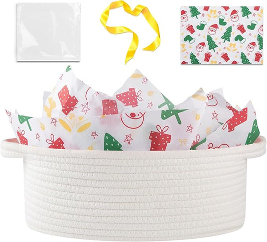 OIAHOMY Christmas Gift Basket with Handle, Small Woven Basket with Gift Bag, Ribbon and Wrap Tissue Paper, Nursery Bins Empty to Fill with Small Items, Baby, Pet Toy Organizer - Christmas White