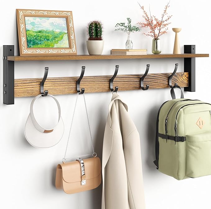 Coat Rack Wall Mount with Shelf, 29 Inch Coat Hanger Walls Mounted, Hat Rack for Walls, Shelf with 5 Coat Hooks, Wall Hanger for Entryway (Brown)