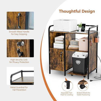 VINGLI Multifunctional Printer Stand with Trolley, Paper Shredder Stand Rack with Wheels, Lateral Office Storage Cabinets with Socket and USB Charging Port, Open Shelves for Home Office (Rustic Brown)