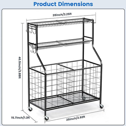 Kinghouse Sport Equipment Organizer for Garage, Steel Basketball Rack with Bat Holder and Hooks, Easy Assembly Storage for Balls, Kids' Toys, Workout Gear, Home Gym, Outdoor