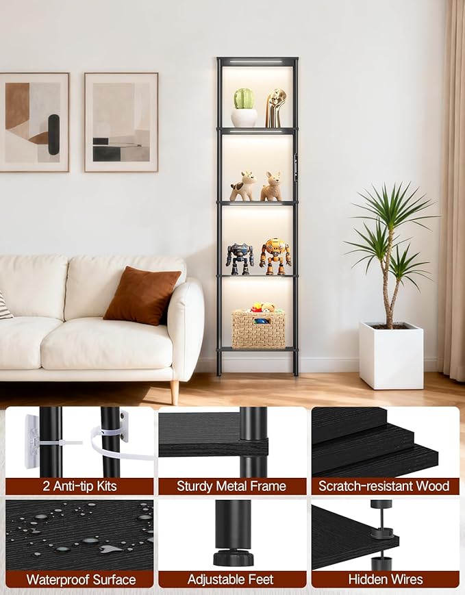 5 Tier Tall Display Shelves with LED Lights, Touch & Remote Control, Dimmable Display Cabinet, Open Bookshelf with 3 Color Temperature, Timer for Living Room, Bedroom, Home Decor(Black)