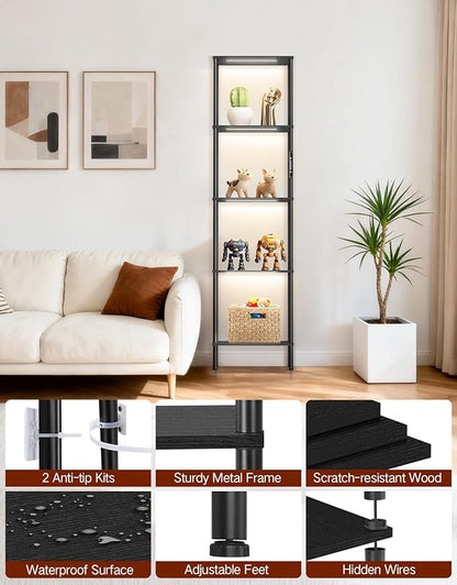 5 Tier Tall Display Shelves with LED Lights, Touch & Remote Control, Dimmable Display Cabinet, Open Bookshelf with 3 Color Temperature, Timer for Living Room, Bedroom, Home Decor(Black)