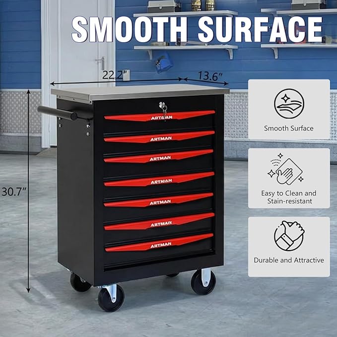 7-Drawer Rolling Tool Chest with Stainless Steel Countertop,Tool Chest with Secure Locking System,Mobile Storage Tool Cabinet with 360°Wheels and Padded Feet,for Home,Garage (Black+Red)