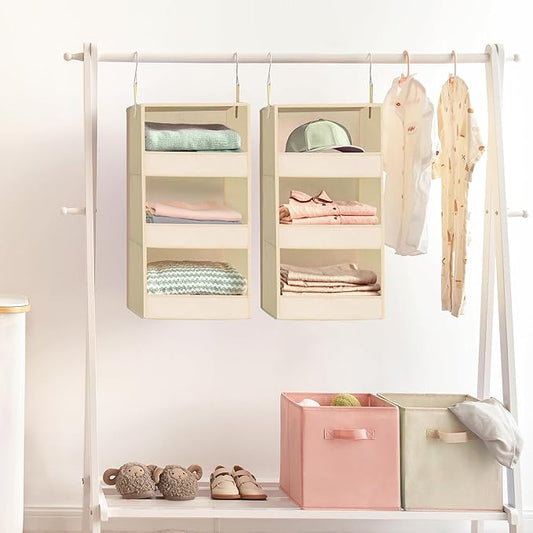 GRANNY SAYS 3 Shelf Hanging Closet Organizers and Storage, Collapsible Closet Storage Organizer with 2 Metal Hooks, Leak-Proof Hanging Shelves for Wardrobe, RV Camper, Locker, 2 Pack, Khaki