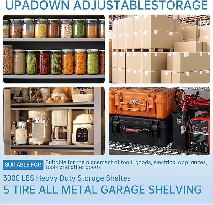 2500 Lbs Capacity Heavy Duty Garage Shelving, 48x18x72 Inch 5-Tier Metal Wire Shelves, Adjustable Industrial Storage Rack for Garage, Basement, Warehouse Organization