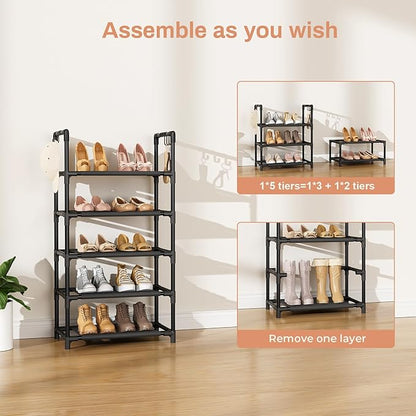 5 Tiers Shoe Rack 12-15 Pairs Boots Organizer Storage Sturdy Narrow Shoe Shelf for Entryway, Closets with Hooks, Black