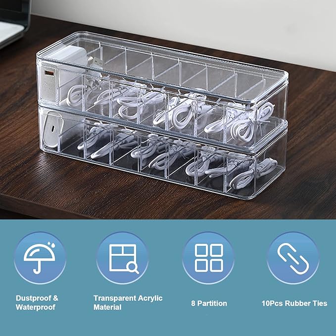 See-Through Cable Organizer Box Wire Management Case Data Cord Organizer Storage,8 Compartment Storage Boxes with 10 Wire Ties,Plastic Clear Lids Terminal Case Small Lipstick Cosmetic Storage Box
