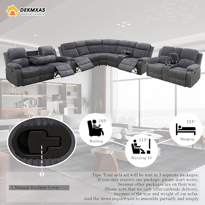 Reclining Sofa Couches, Living Room Furniture Sets, Dark Grey Corduroy Recliner Sectional Sofa Set with Drop-Down Table, with 5 Recliner Seats, Cup Holder,Storage Console for Living Room