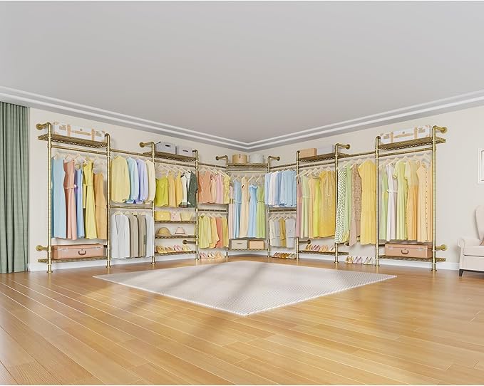 Timate U4 U Shape Garment Rack Heavy Duty Clothes Rack for Hanging Clothes, Expandable Industrial Pipe Clothing Rack Wall Mounted Closet Extra Large Closet Rack Walk in Closet System, Closet Kit Gold