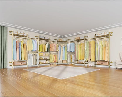 Timate U4 U Shape Garment Rack Heavy Duty Clothes Rack for Hanging Clothes, Expandable Industrial Pipe Clothing Rack Wall Mounted Closet Extra Large Closet Rack Walk in Closet System, Closet Kit Gold
